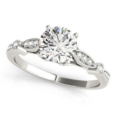 White gold Round Cut Diamond with Milgrain Marquise and Bezel Accents on a Solitaire Band with Prong Setting