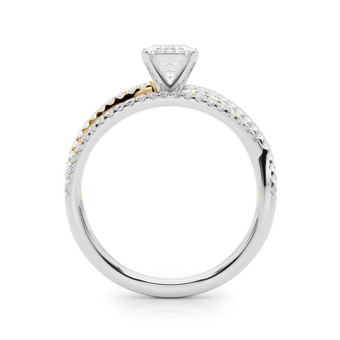 Yellow gold Princess Solitaire Twist Band with Pavé Setting and Four-Prong Setting
