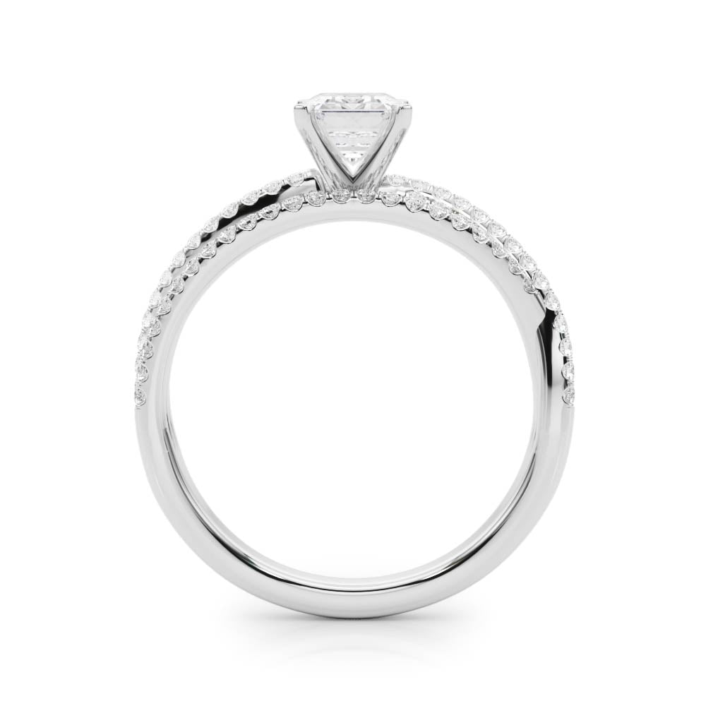 White gold Princess Solitaire Twist Band with Pavé Setting and Four-Prong Setting