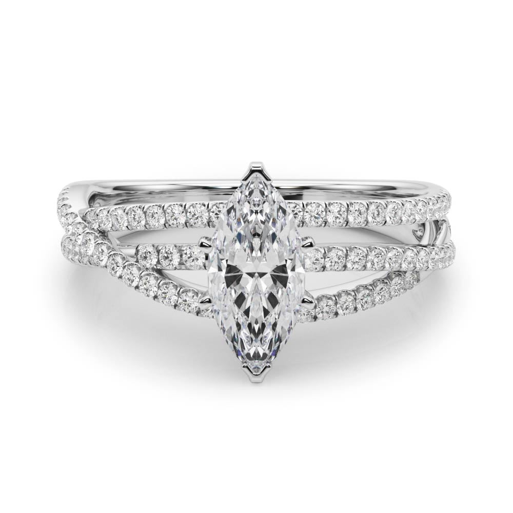 White gold Marquise Solitaire Twist Band with Pavé Setting and Four-Prong Setting