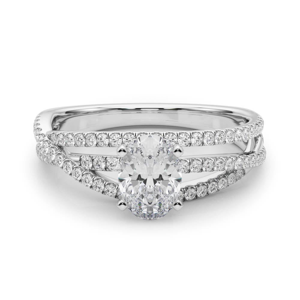 Platinum Oval Solitaire Twist Band with Pavé Setting and Four-Prong Setting