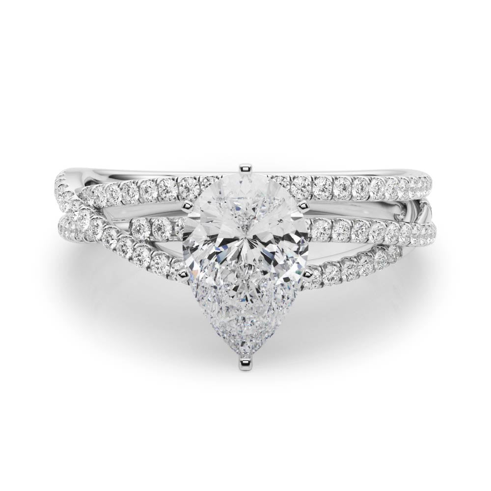 Platinum Pear Solitaire Twist Band with Pavé Setting and Four-Prong Setting