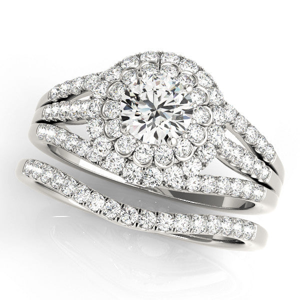 Silver Double Halo Round Diamond Split Shank Pave Set Ring