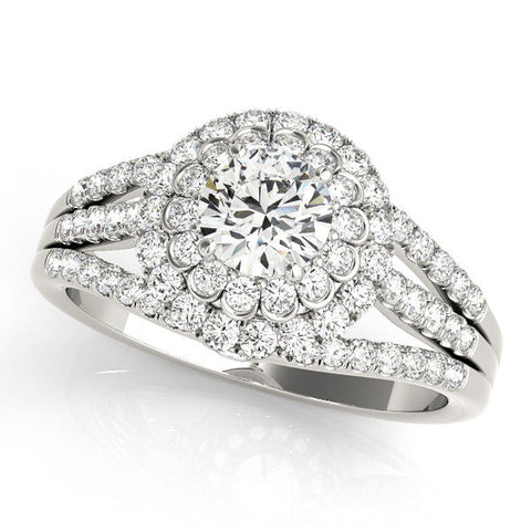 Silver Double Halo Round Diamond Split Shank Pave Set Ring