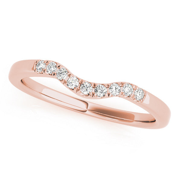 Rose gold Curved Diamond Wedding Band with Round Cut Stones and Shared Prong Setting