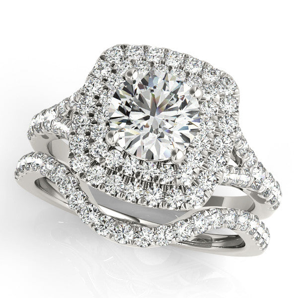 White gold Double Halo Round Cut Pave Split Shank Prong Set Ring