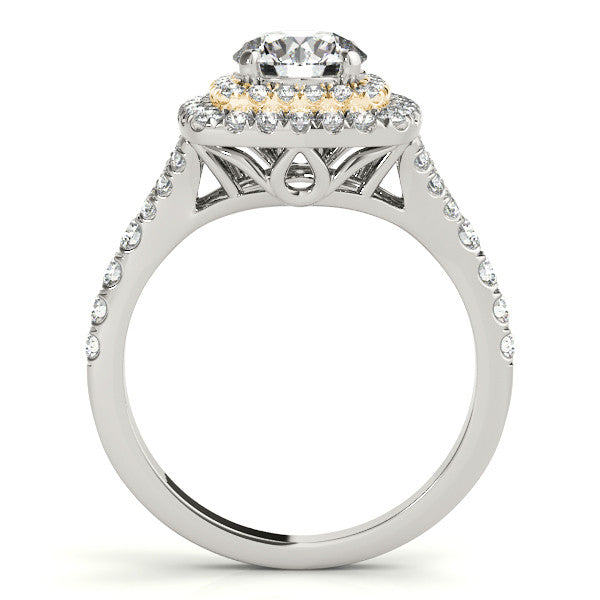 Yellow gold Double Halo Round Cut Pave Split Shank Prong Set Ring