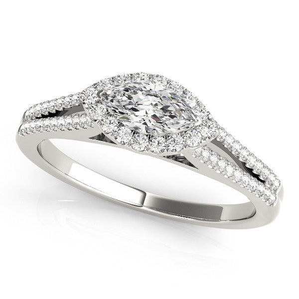 Platinum Pave Split Shank Halo Pear Cut Prong Set Ring
