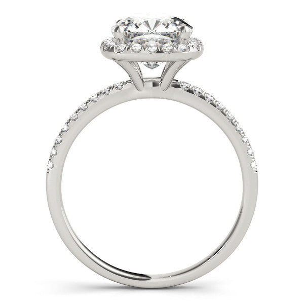 Silver Cushion Cut Halo Diamond Engagement Ring with Pave Band and Four-Prong Setting