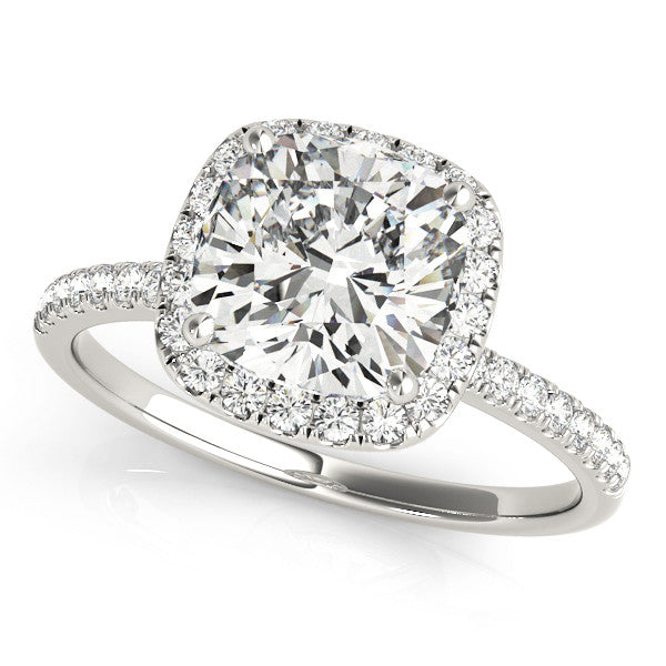 Silver Cushion Cut Halo Diamond Engagement Ring with Pave Band and Four-Prong Setting