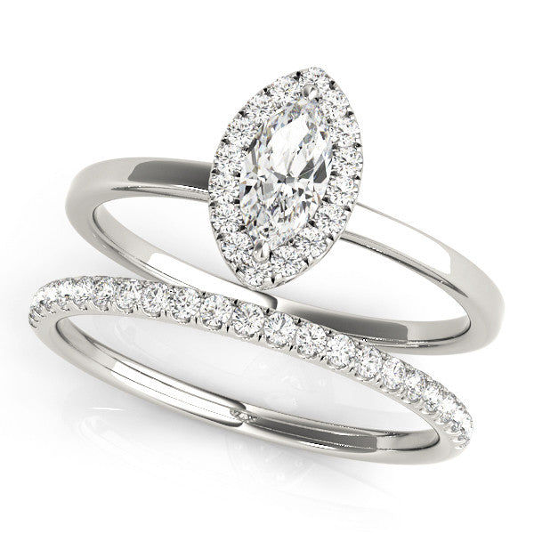 White gold Marquise Halo Diamond Solitaire with Pavé Band and Four-Prong Setting