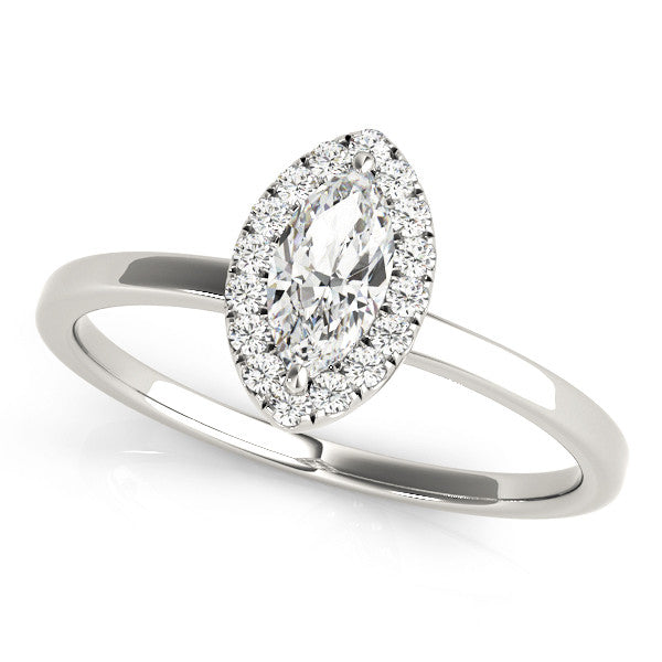White gold Marquise Halo Diamond Solitaire with Pavé Band and Four-Prong Setting