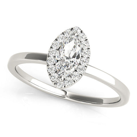 White gold Marquise Halo Diamond Solitaire with Pavé Band and Four-Prong Setting