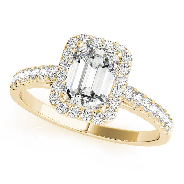 Yellow gold Marquise Cut Halo Diamond Engagement Ring with Pave Band and Four-Prong Setting