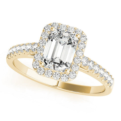 Yellow gold Radiant Cut Halo Diamond Engagement Ring with Pave Band and Four-Prong Setting