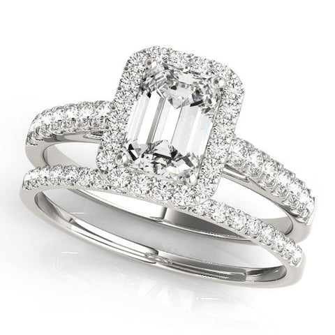 Silver Marquise Cut Halo Diamond Engagement Ring with Pave Band and Four-Prong Setting
