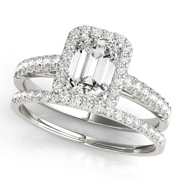 White gold Pear Cut Halo Diamond Engagement Ring with Pave Band and Four-Prong Setting