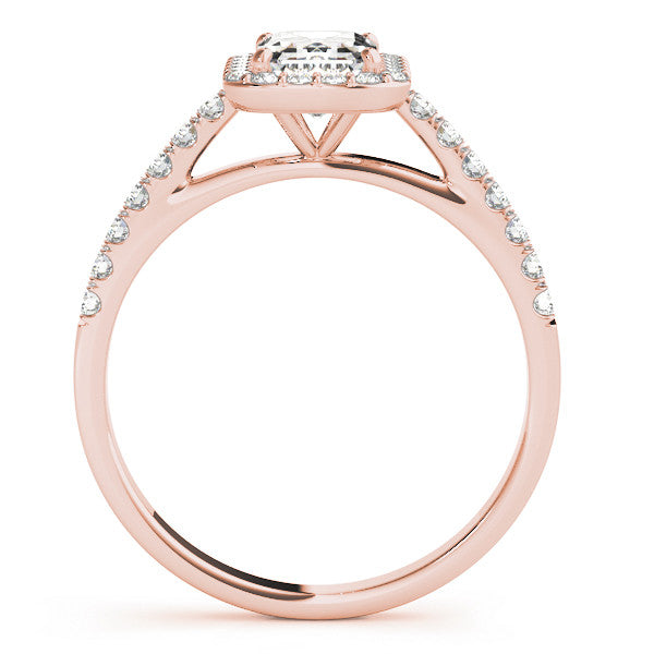 Rose gold Cushion Cut Halo Diamond Engagement Ring with Pave Band and Four-Prong Setting