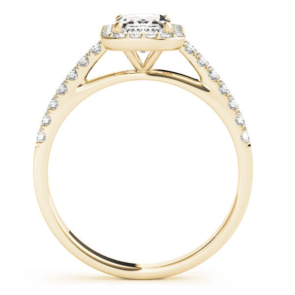 Yellow gold Oval Cut Halo Diamond Engagement Ring with Pave Band and Four-Prong Setting