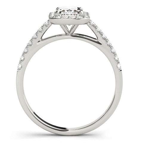 Silver Emerald Cut Halo Diamond Engagement Ring with Pave Band and Four-Prong Setting