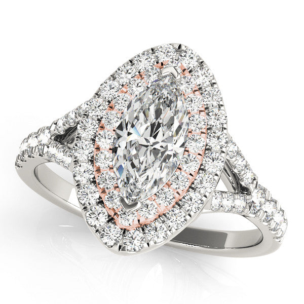 Rose gold Marquise Cut Double Halo Split Shank Diamond Ring with Prong Setting