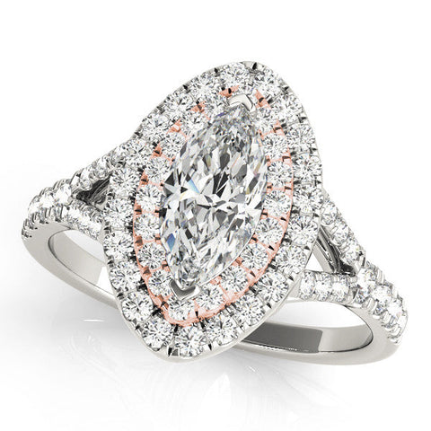 Rose gold Marquise Cut Double Halo Split Shank Diamond Ring with Prong Setting