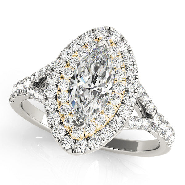 Yellow gold Marquise Cut Double Halo Split Shank Diamond Ring with Prong Setting