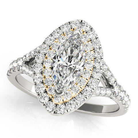 Yellow gold Marquise Cut Double Halo Split Shank Diamond Ring with Prong Setting