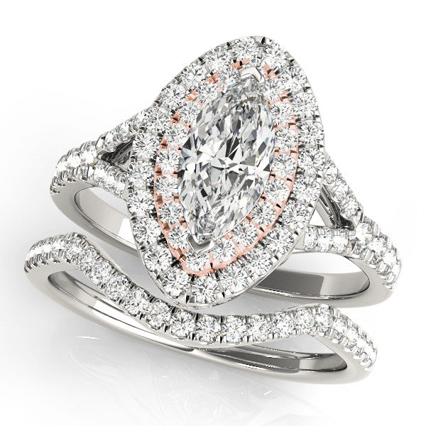 Rose gold Marquise Cut Double Halo Split Shank Diamond Ring with Prong Setting