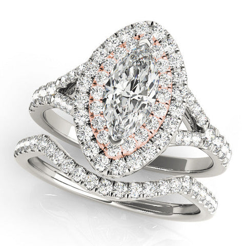 Rose gold Marquise Cut Double Halo Split Shank Diamond Ring with Prong Setting