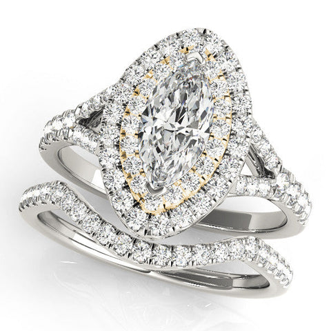 Yellow gold Marquise Cut Double Halo Split Shank Diamond Ring with Prong Setting