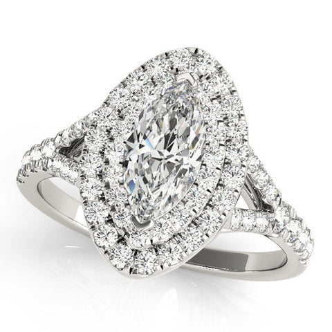 Silver Marquise Cut Double Halo Split Shank Diamond Ring with Prong Setting