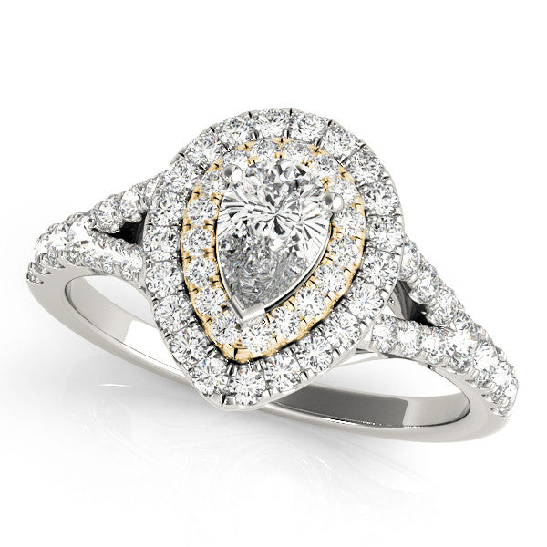 Yellow gold Double Halo Pear-Shaped Split Shank Diamond Ring with Prong Setting