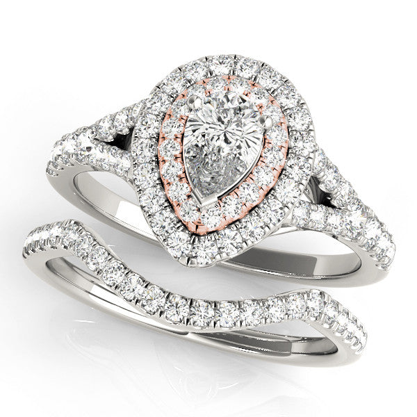 Rose gold Double Halo Pear-Shaped Split Shank Diamond Ring with Prong Setting