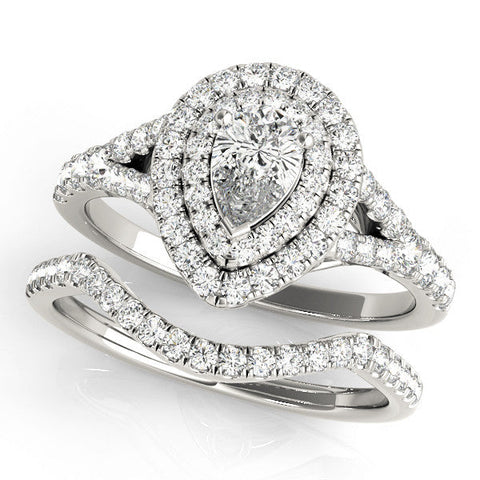 Silver Double Halo Pear-Shaped Split Shank Diamond Ring with Prong Setting