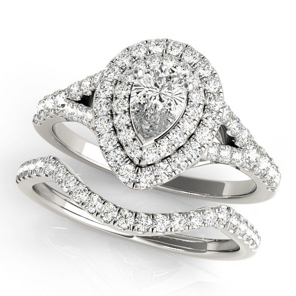 White gold Double Halo Pear-Shaped Split Shank Diamond Ring with Prong Setting
