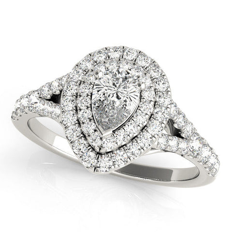 Silver Double Halo Pear-Shaped Split Shank Diamond Ring with Prong Setting