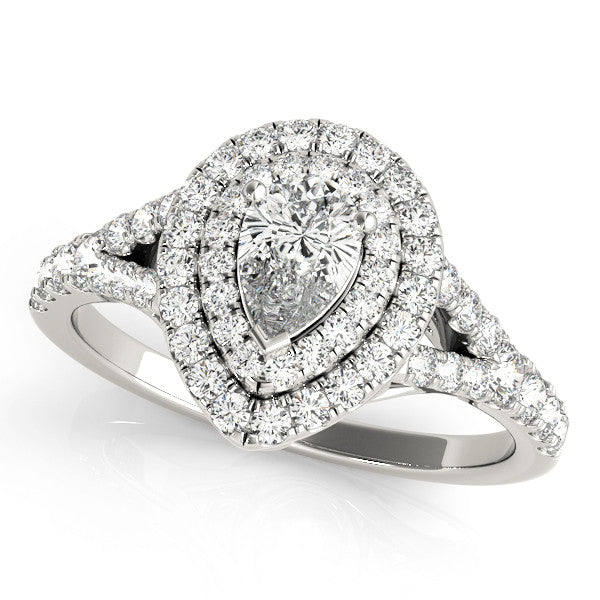 White gold Double Halo Pear-Shaped Split Shank Diamond Ring with Prong Setting