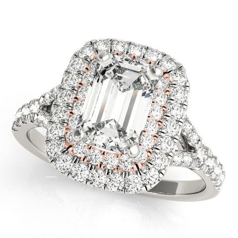 Rose gold Double Halo Heart Cut Diamond Split Shank Ring with Four Prong Setting