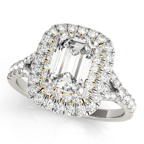 Yellow gold Double Halo Cushion Cut Diamond Split Shank Ring with Four Prong Setting