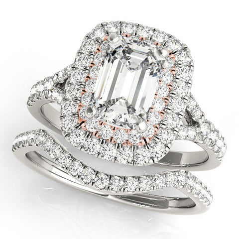 Rose gold Double Halo Round Cut Diamond Split Shank Ring with Four Prong Setting