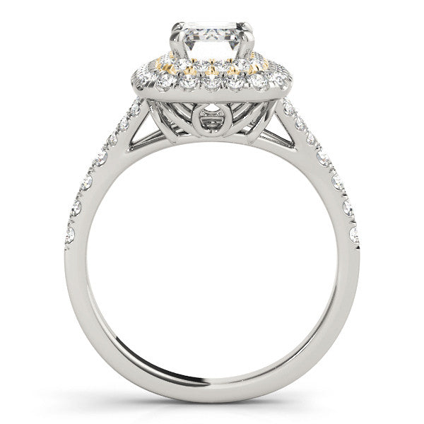 Yellow gold Double Halo Cushion Cut Diamond Split Shank Ring with Four Prong Setting