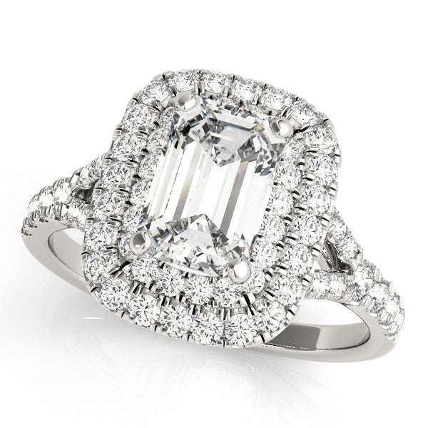 Silver Double Halo Heart Cut Diamond Split Shank Ring with Four Prong Setting