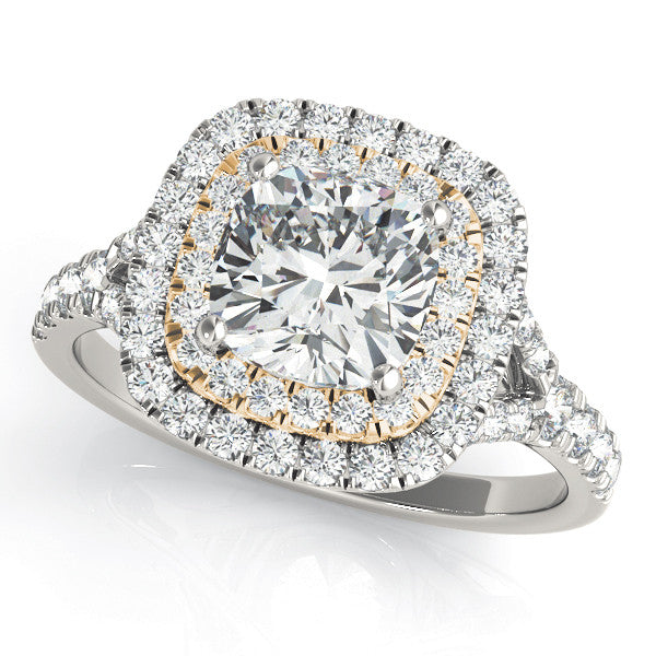 Yellow gold Round Cut Double Halo Pave Band Prong Setting Ring