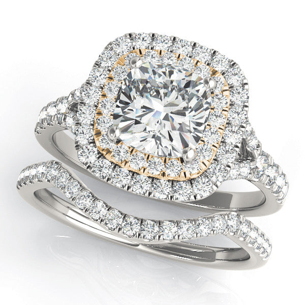 Yellow gold Radiant Cut Double Halo Pave Band Prong Setting Ring