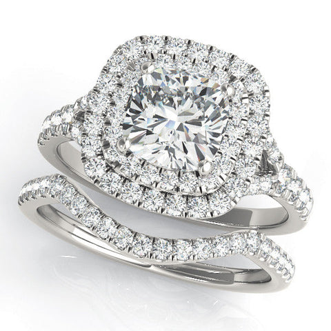 White gold Princess Cut Double Halo Pave Band Prong Setting Ring