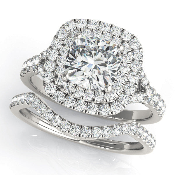 Platinum Cushion Cut Double Halo Pave Band Prong Setting Ring