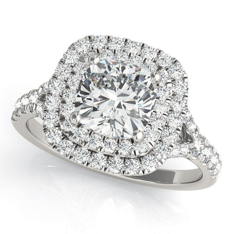 White gold Cushion Cut Double Halo Pave Band Prong Setting Ring