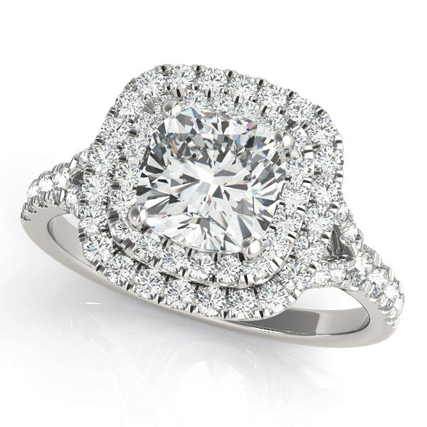 Platinum Oval Cut Double Halo Pave Band Prong Setting Ring