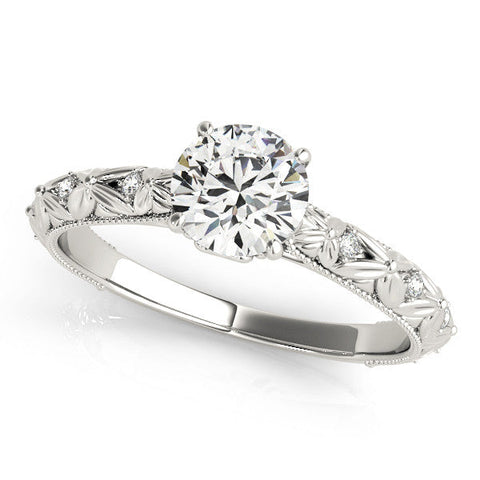 Silver Round Solitaire Floral Milgrain Engagement Ring